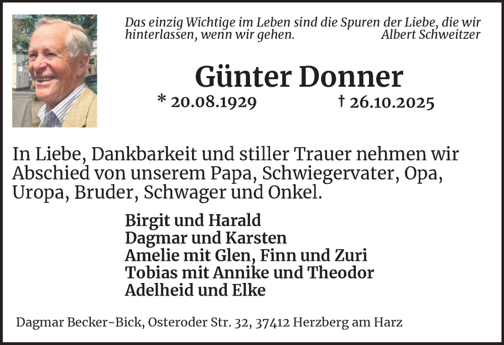  Traueranzeige für Günter Donner vom 08.11.2025 aus Harz Kurier