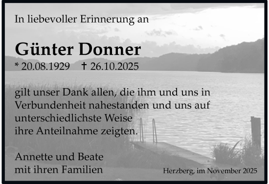 Traueranzeige von Günter Donner von Harz Kurier