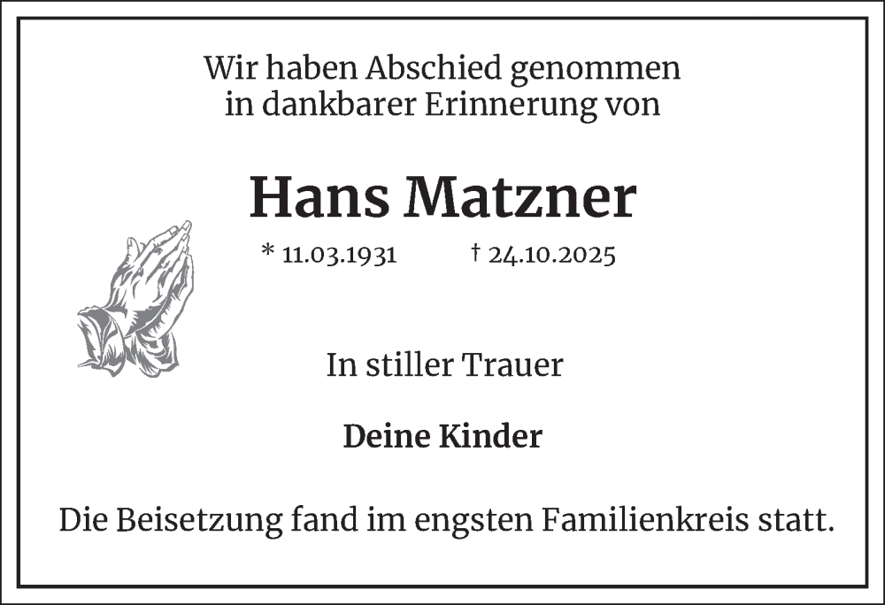  Traueranzeige für Hans Matzner vom 26.11.2025 aus Harz Kurier