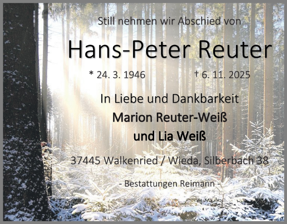  Traueranzeige für Hans-Peter Reuter vom 15.11.2025 aus Harz Kurier