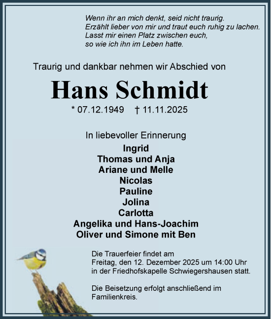 Traueranzeige von Hans Schmidt von Harz Kurier