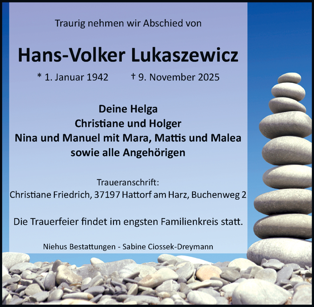  Traueranzeige für Hans-Volker Lukaszewicz vom 15.11.2025 aus Harz Kurier