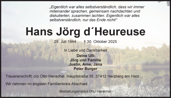 Traueranzeige von Hans Jörg dHeureuse von Harz Kurier