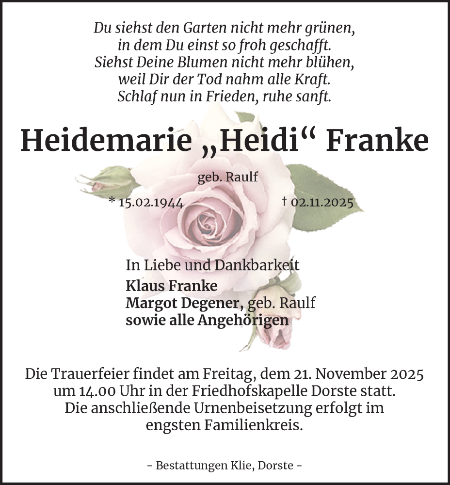  Traueranzeige für Heidemarie Franke vom 15.11.2025 aus Harz Kurier