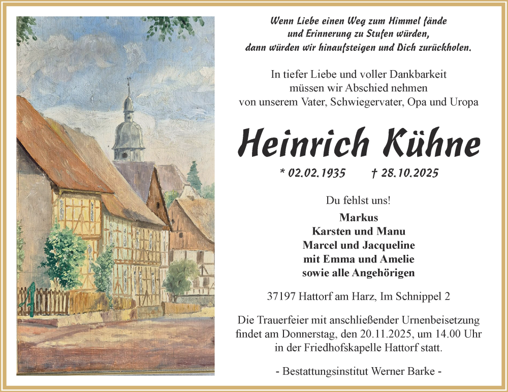  Traueranzeige für Heinrich Kühne vom 15.11.2025 aus Harz Kurier
