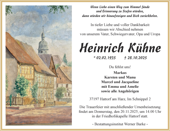 Traueranzeige von Heinrich Kühne von Harz Kurier