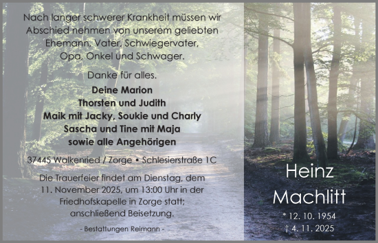 Traueranzeige von Heinz Machlitt von Harz Kurier