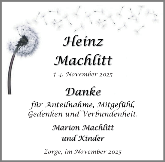 Traueranzeige von Heinz Machlitt von Harz Kurier