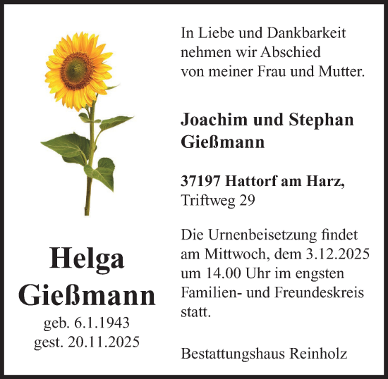 Traueranzeige von Helga Gießmann von Harz Kurier
