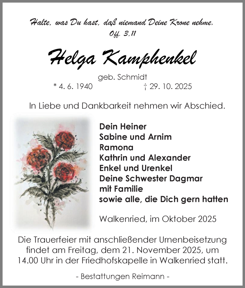  Traueranzeige für Helga Kamphenkel vom 08.11.2025 aus Harz Kurier