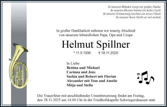 Traueranzeige von Helmut Spillner von Harz Kurier