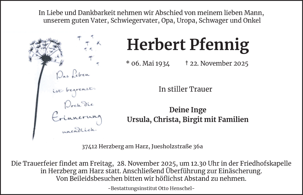  Traueranzeige für Herbert Pfennig vom 26.11.2025 aus Harz Kurier