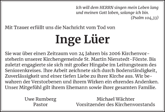 Traueranzeige von Inge Lüer von Harz Kurier
