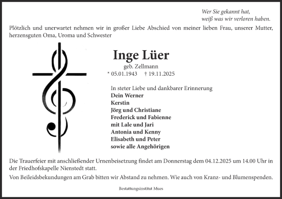 Traueranzeige von Inge Lüer von Harz Kurier