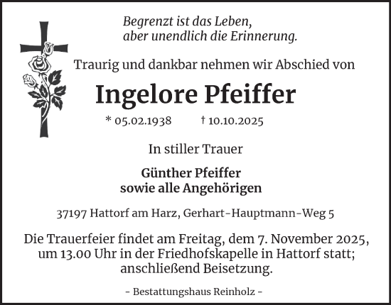 Traueranzeige von Ingelore Pfeiffer von Harz Kurier