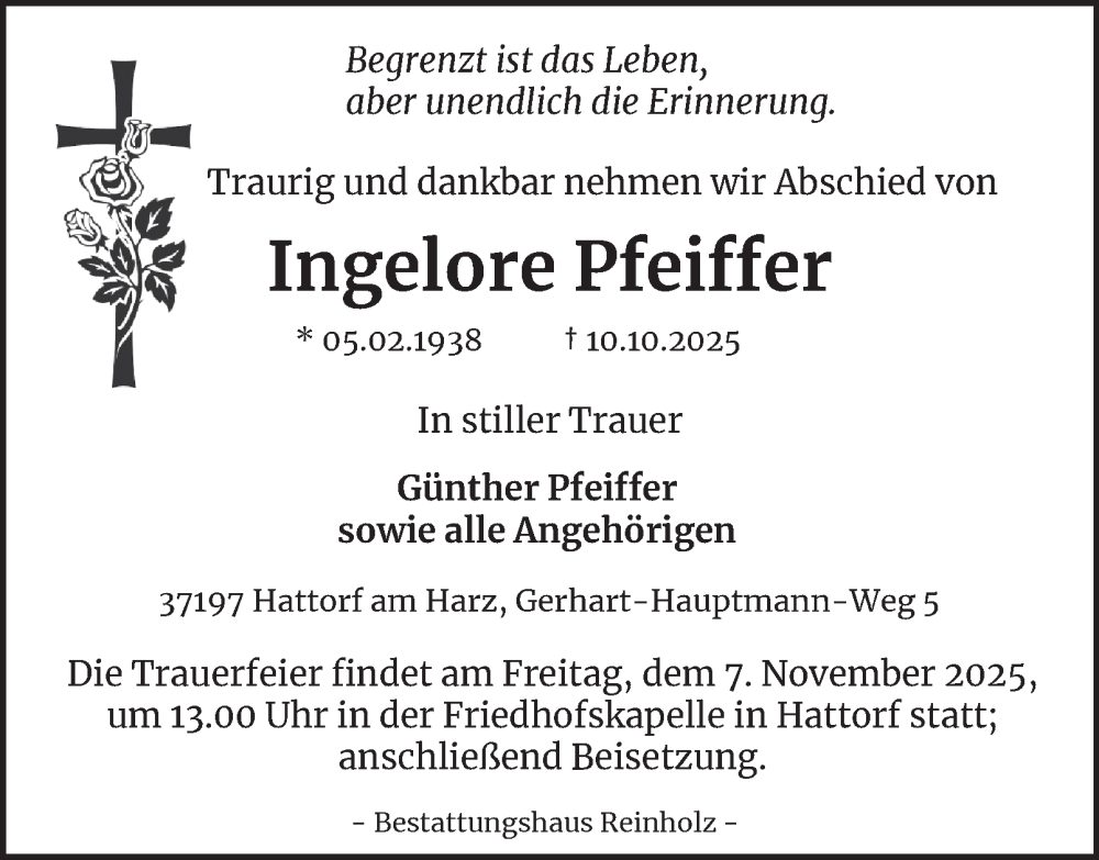  Traueranzeige für Ingelore Pfeiffer vom 04.11.2025 aus Harz Kurier