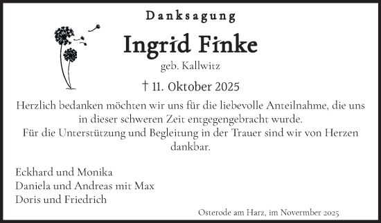Traueranzeige von Ingrid Finke von Harz Kurier