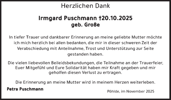 Traueranzeige von Irmgard Puschmann von Harz Kurier