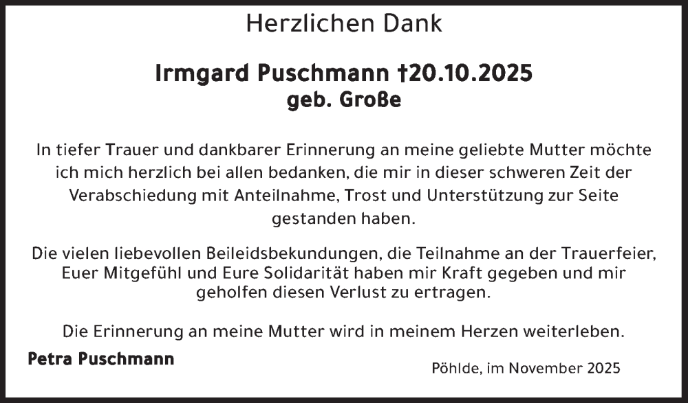  Traueranzeige für Irmgard Puschmann vom 08.11.2025 aus Harz Kurier