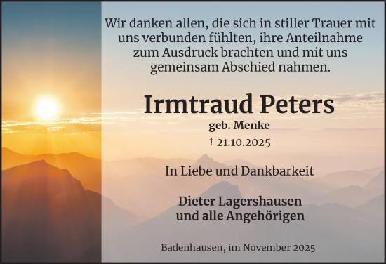 Traueranzeige von Irmtraud Peters von Harz Kurier