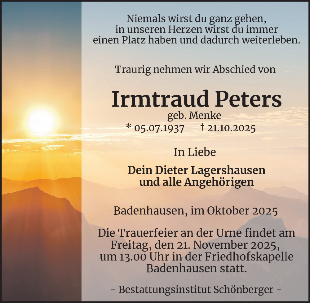  Traueranzeige für Irmtraud Peters vom 15.11.2025 aus Harz Kurier