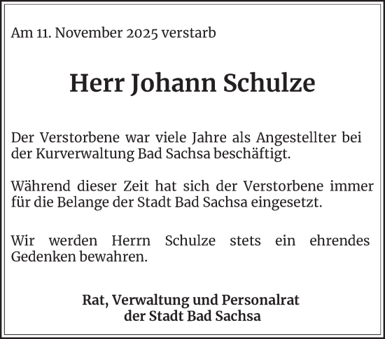 Traueranzeige von Johann Schulze von Harz Kurier