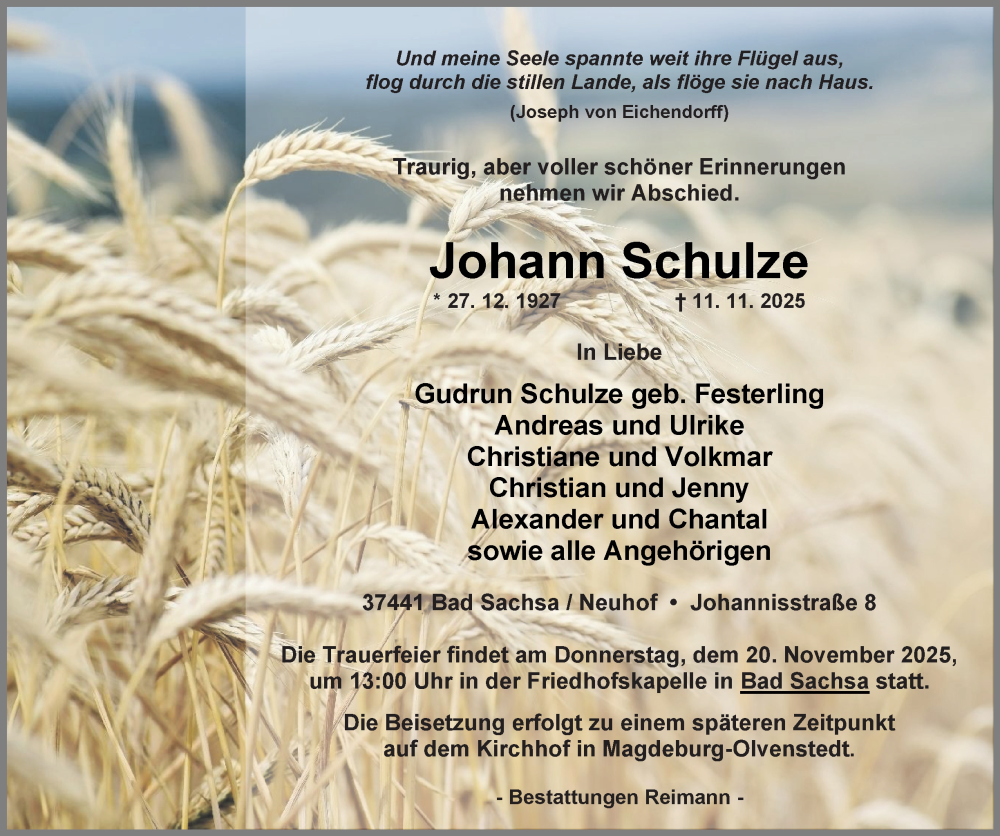  Traueranzeige für Johann Schulze vom 15.11.2025 aus Harz Kurier