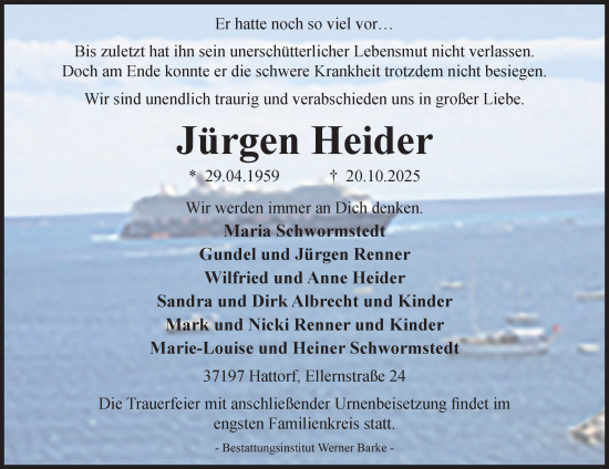 Traueranzeige von Jürgen Heider von Harz Kurier