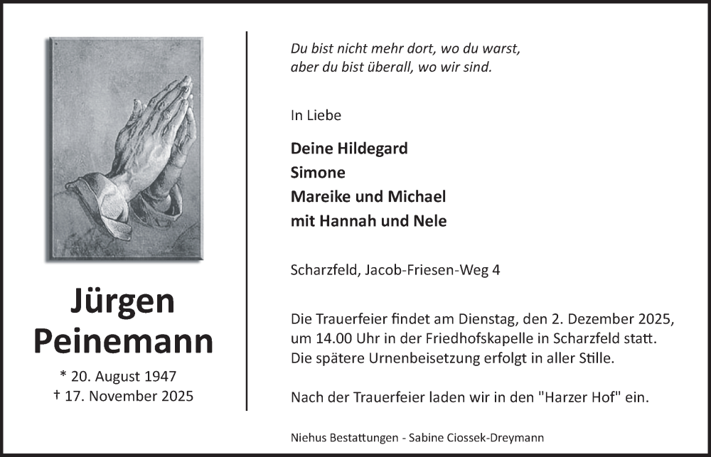  Traueranzeige für Jürgen Peinemann vom 22.11.2025 aus Harz Kurier