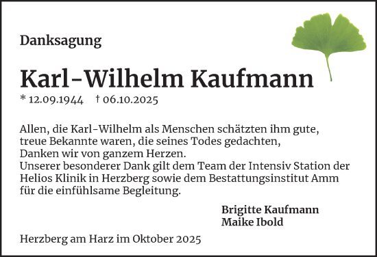 Traueranzeige von Karl-Wilhelm Kaufmann von Harz Kurier