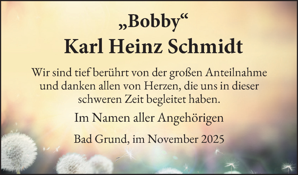  Traueranzeige für Karl Heinz Schmidt vom 01.11.2025 aus Harz Kurier