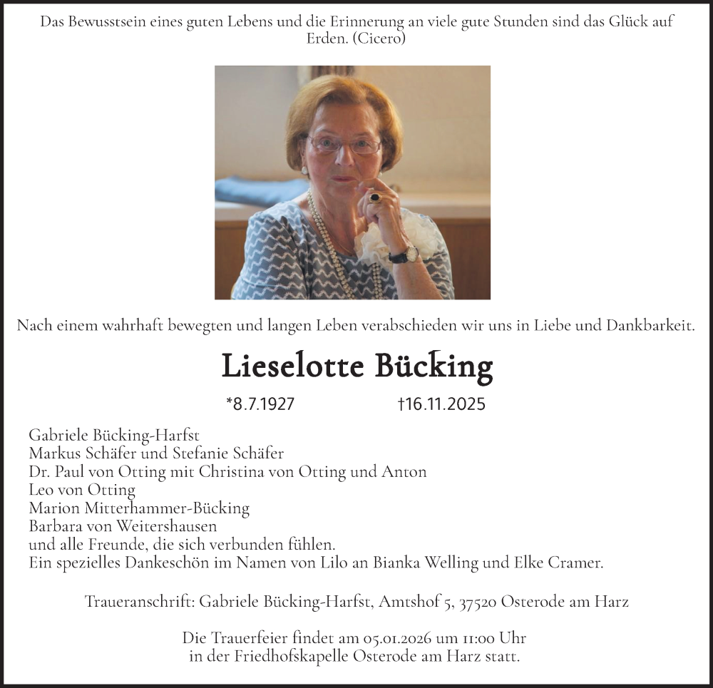  Traueranzeige für Lieselotte Bücking vom 29.11.2025 aus Harz Kurier