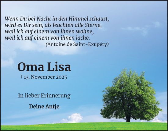 Traueranzeige von Lisa Cicholewski von Harz Kurier