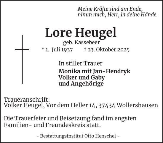 Traueranzeige von Lore Heugel von Harz Kurier