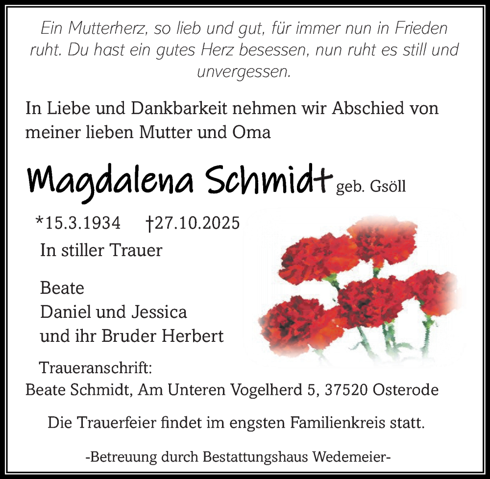 Traueranzeige für Magdalena Schmidt vom 01.11.2025 aus Harz Kurier