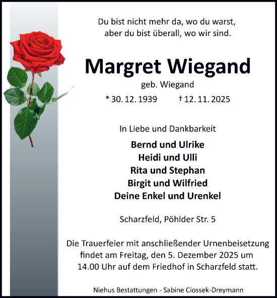 Traueranzeige von Margret Wiegand von Harz Kurier