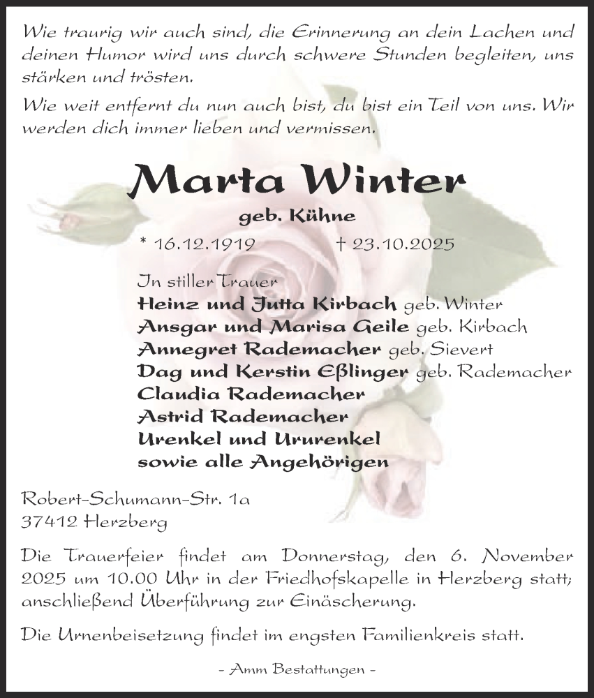  Traueranzeige für Marta Winter vom 01.11.2025 aus Harz Kurier