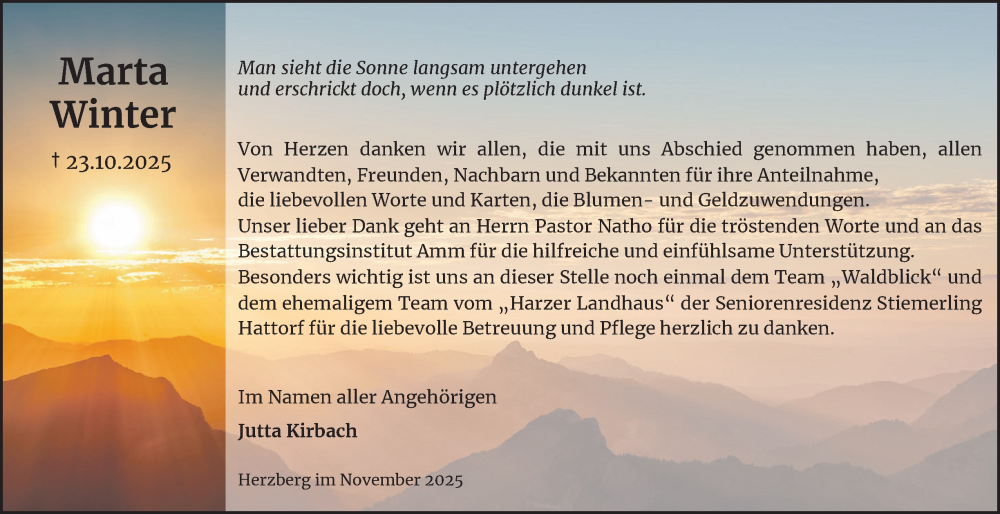  Traueranzeige für Marta Winter vom 15.11.2025 aus Harz Kurier