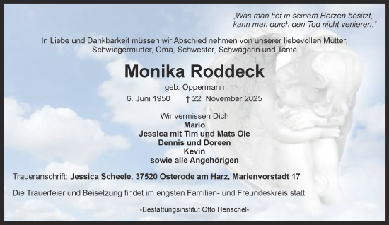 Traueranzeige von Monika Roddeck von Harz Kurier