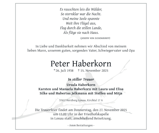 Traueranzeige von Peter Haberkorn von Harz Kurier