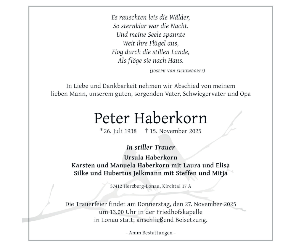  Traueranzeige für Peter Haberkorn vom 22.11.2025 aus Harz Kurier