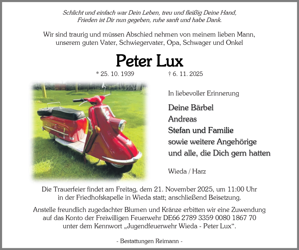  Traueranzeige für Peter Lux vom 15.11.2025 aus Harz Kurier