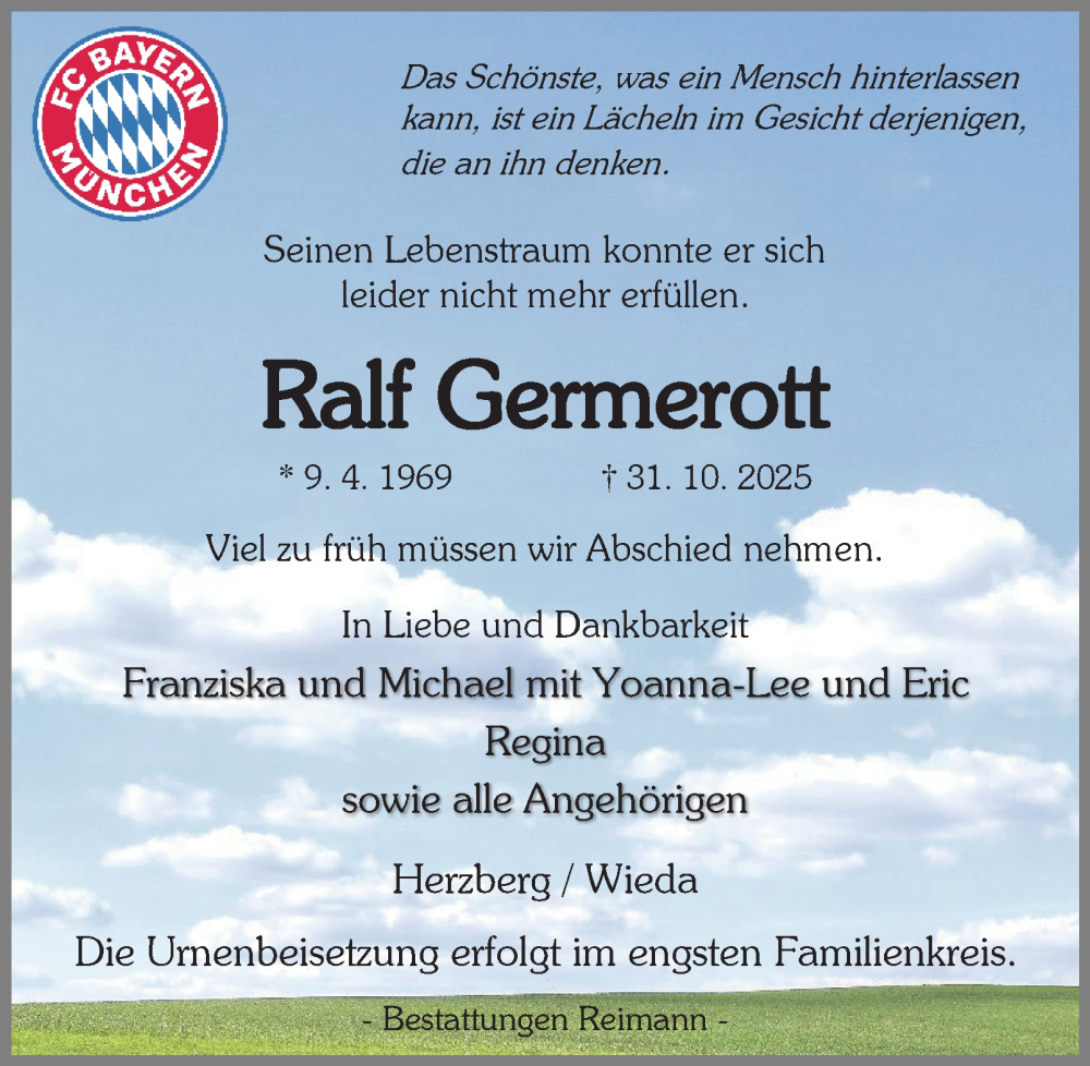  Traueranzeige für Ralf Germerott vom 15.11.2025 aus Harz Kurier