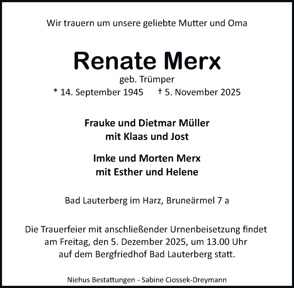  Traueranzeige für Renate Merx vom 15.11.2025 aus Harz Kurier