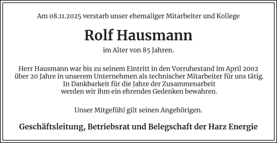 Traueranzeige von Rolf Hausmann von Harz Kurier