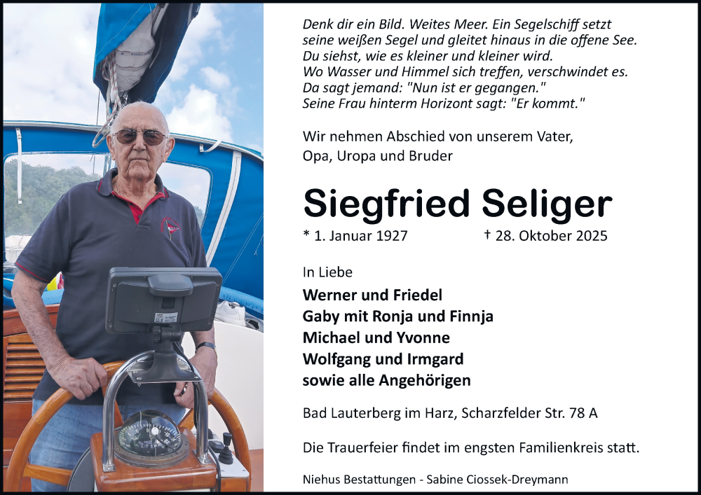  Traueranzeige für Siegfried Seliger vom 08.11.2025 aus Harz Kurier