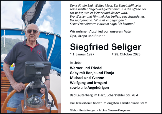 Traueranzeige von Siegfried Seliger von Harz Kurier