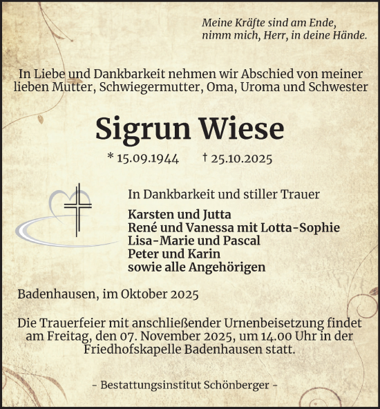 Traueranzeige von Sigrun Wiese von Harz Kurier