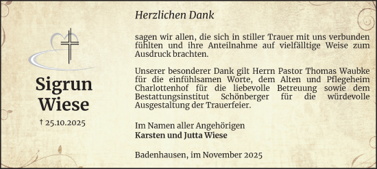 Traueranzeige von Sigrun Wiese von Harz Kurier