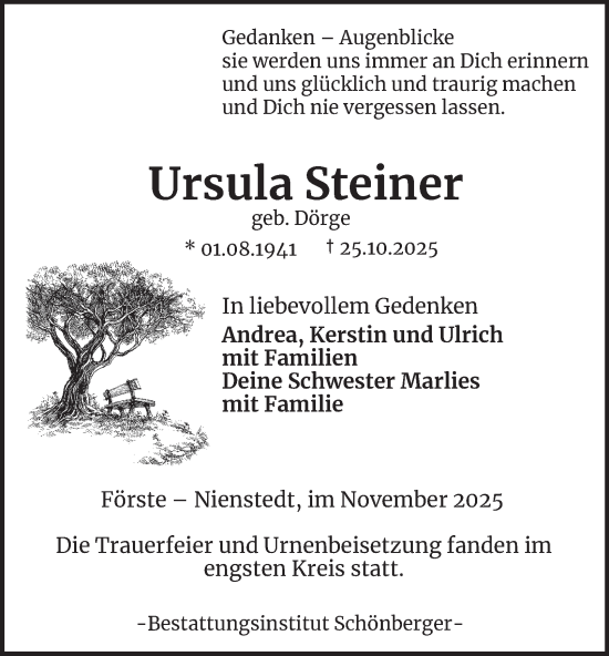 Traueranzeige von Ursula Steiner von Harz Kurier